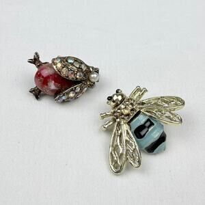 Vintage AJC Beetle & Bee Brooches Insect Pins Gold Brass Tone Set of 2